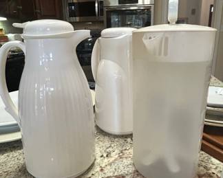 Assorted White Plastic Thermal Carafes and Pitcher
