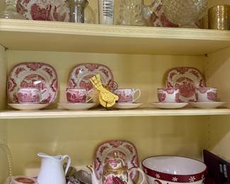 Large Set of Johnson Bros Red and White China