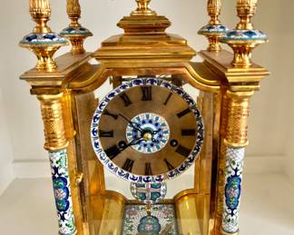 Vintage Cloisonné 4- pillar brass and crystal mantle clock- in working condition!- 10x7x20- $700