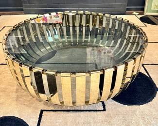 Mitchell Gold and Bob Williams Vega cocktail table with gold-finished slatted drum base- 42" Diameter- $600