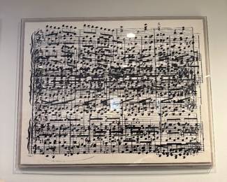 "Tribute to Music" by Mitchell Gold and Bob Williams- aesthetic collage of untitled, over-lapping 19th century musical scores- 54x42- $800