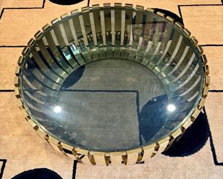 Top view: Mitchell Gold and Bob Williams Vega cocktail table with gold-finished slatted drum base- 42" Diameter- $600