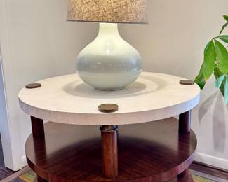 (Henredon 3 tier Round Central table- 42”round- 30” tall- $600), (Thomasville mid-century modern ceramic teardrop lamp- 31”tall- $200)