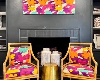 Fabulous Finds in Fabulous Fabric! (Set of 4 McGuire bamboo/rattan chairs with target backs- finished in Missoni fabric, as featured in Architectural Digest- December 2025 issue- 2 arm chairs and 2 standard chairs- 22.5x17.5x36- $1900 for the set of 4), (Decorative panel featuring Missoni Home “Haiti” fabric- 50x23- $150)