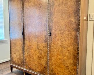 Vintage Art Deco triple wardrobe featuring burr walnut burl wood veneer with intricate inlaid trim- 66.5x71.5x20.25- $1200