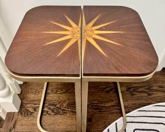 Sold as a Pair- Thomasville Hemingway Collection C-shaped Pull-up accent table- tiny chip in veneer, as shown- each table measures 19.5x12x26.4- $600