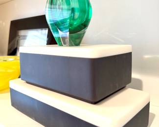 (Signed Mona Morales-Schildt Kosta Boda emerald green Ventana vase- 4.25" tall), (Rectangular resin lidded boxes- lg 9x4x2.5- sm 6.5x4x2.5)