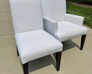 Mitchell Gold upholstered dining chairs- 4 side chairs (20x23x37.5)- 2 arm chairs (25.5x23x41) available- sold with custom ivory linen slip covers- Captain's Chairs- $350 each- Dining chairs- $300 each