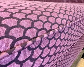 Close up of fabric: Custom upholstered Mitchell Gold & BW modern sofa in purple Scalamandre fabric- 89.5x35x31- $800