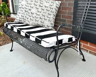 (Woodard Grapevine bench- perfect for painting!- 45x34.5x18- $160), (SOLD-Black and White striped seat cushion- 36.6x17) , (Outdoor throw pillows- 2 available- 12"- $8 each)