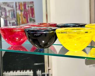 Kosta Boda swirled glass votive bowls, (SOLDred), blue, yellow- 4.5 D- $30 Each