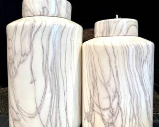 Faux marble ceramic canisters with lids- large- 16”Hx11”D- $50- small- 13”H- 9”D- $30