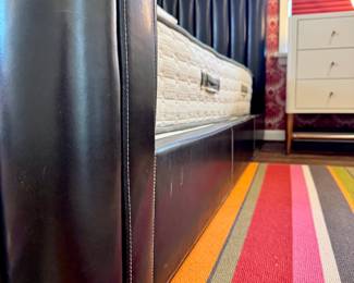 Close up- side view: Vintage Ralph Lauren King "Bond Street" collection black leather bed frame- RARE- purchased for $9600- yours for $5K