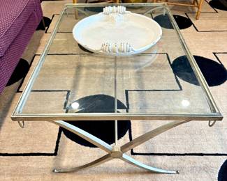 ( Barbara Barry for Baker Furniture iron and glass coffee table in champagne finish- 48x32x19- $950), ($100- Vintage hand-crafted majolica and crackle-glazed pottery by Pippo Torcivia- commissioned by Fortunata- 21"D- $100)