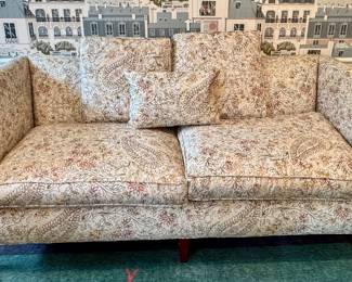 Baker custom upholstered sofa in Scalamandre fabric, Crayon pattern. - 34x75x31 - $1K