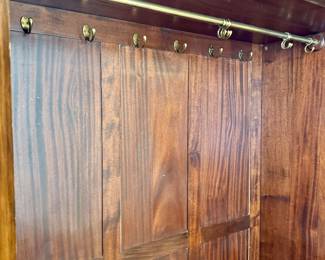 Inside view: Vintage Art Deco triple wardrobe featuring burr walnut burl wood veneer with intricate inlaid trim- 66.5x71.5x20.25- $1200