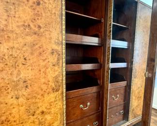 Mirrored Right Door view: Vintage Art Deco triple wardrobe featuring burr walnut burl wood veneer with intricate inlaid trim- 66.5x71.5x20.25- $1200
