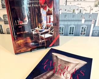 (top left: Jacques Garcia "Decorating in the French Style" coffee table book- $50), (bottom right: Jacques Garcia collection for Baker book- $20)