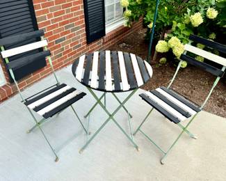 Mackenzie Childs outdoor bistro set in Spectator pattern- 3 pieces- sun fading noted- $500