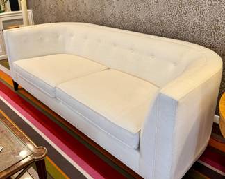 Custom upholstered Mitchell Gold mid-century modern sofa in parchment- 89.5x35x31- $1K