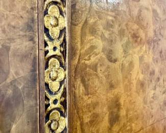 Close up view of inlaid trim: Vintage Art Deco triple wardrobe featuring burr walnut burl wood veneer with intricate inlaid trim- 66.5x71.5x20.25- $1200