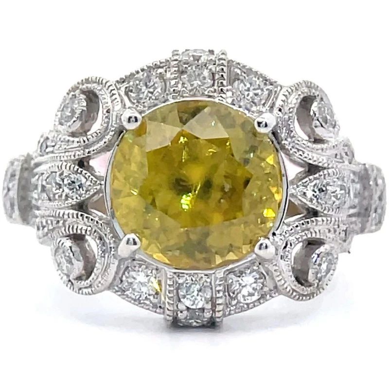 Ben Kho Cut 2.88 Carat Natural Yellow Sphene & Diamond Large Ornate Pavé Ring in 14k White Gold