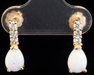 Pear White Opal & Natural Diamond Dangle Drop Earrings in 14k Yellow Gold