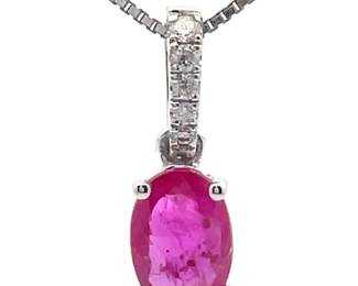 0.43 Carat Natural Ruby & Diamond Oval Drop Pendant in 14k White Gold