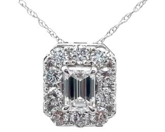 1 Carat Diamond Emerald Cut Cluster Art Deco Pendant Necklace in 14k White Gold