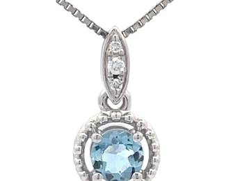 0.16 Carat Natural Aquamarine & Diamond Halo Drop Pendant in 14k White Gold