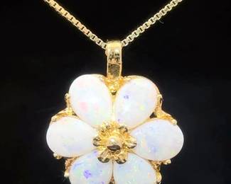 White Opal Flower Pendant in 14k Yellow Gold