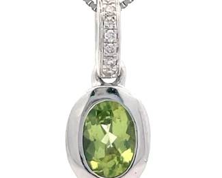 Oval Peridot & Diamond Bezel Drop Pendant in 14k White Gold