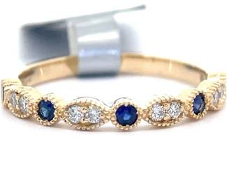 0.26 Carat Natural Blue Sapphire & Diamond Bezel Leaf Stacking Ring in 14k Yellow Gold