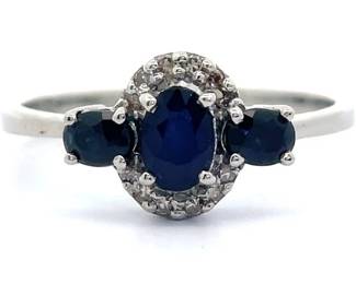 Iolite & Natural Diamond Halo Three-Stone Ring