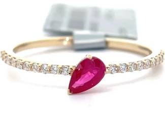 0.52 Carat Pear Natural Ruby & Natural Diamond Stacking Ring in 14k Yellow Gold