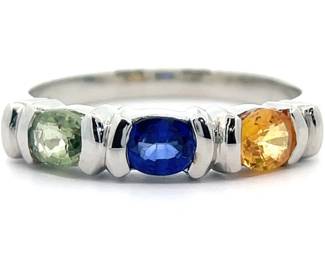 Three-Color Oval Natural Sapphire Channel Bar Ring