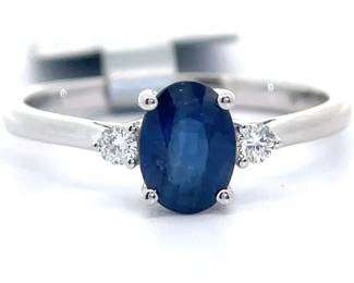 0.81 Carat Oval Natural Blue Sapphire & Natural Diamond Three-Stone September Birthstone Ring in 14k White Gold