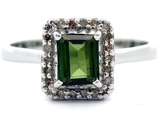 Green Tourmaline & Natural Diamond Halo Ring