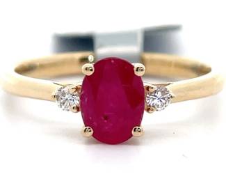 Natural Ruby & Diamond Three-Stone July Birthstone Ring in 14k Yellow Gold