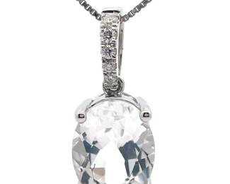 Natural Oval Aquamarine & Diamond Pendant in 14k White Gold