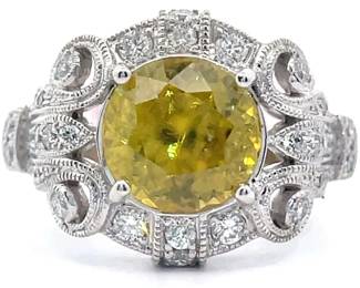Ben Kho Cut 2.88 Carat Natural Yellow Sphene & Diamond Large Ornate Pavé Ring in 14k White Gold
