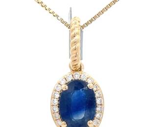 1.09 Carat Natural Sapphire & Diamond Halo Drop Pendant in 14k Yellow Gold