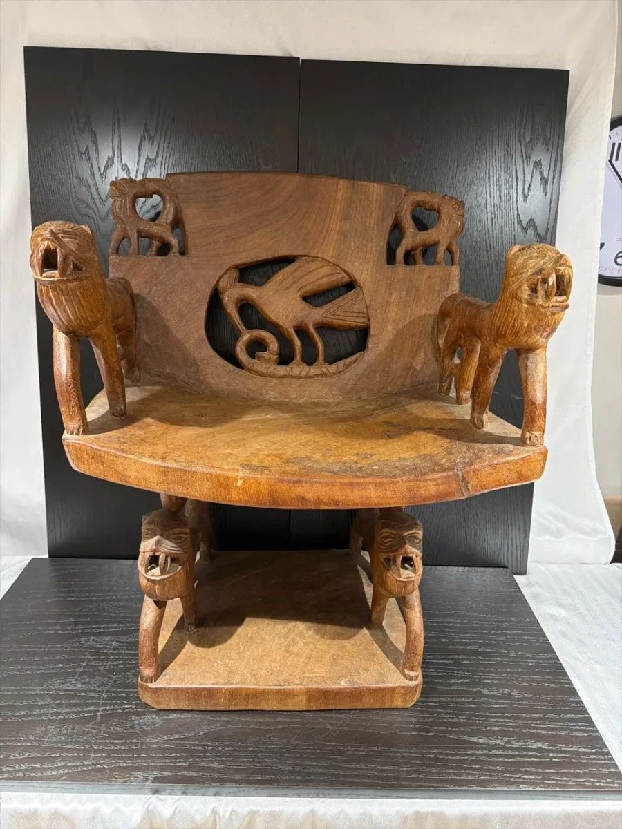 Vintage West African Carved Mahogany Chair Lions