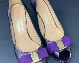 Pair of Vintage Salvatore Ferragamo Womens Peeptoe Pumps, Embossed Purple Leather, Size 8B