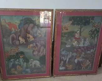 Pair Of East Asian Paintings on Cloth Depicting Mythological Creatures and A Scenic Landscape