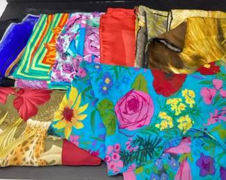 Large Lot of Womens Fashion Scarves Incl. Gucci, Ferragamo, Ken Scott, Laurel Burch, and Others