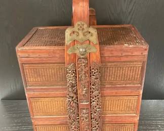 Handwoven Indonesian Threetiered Rectangular Wall Storage Basket w Intricately Carved Wood Handle