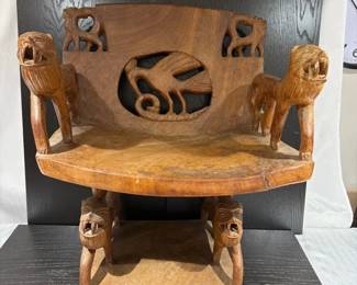 Vintage West African Carved Mahogany Chair Lions