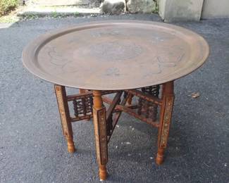 Moroccan Style Copper Engraved Tea Table With Folding Legs