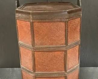 Vintage Indonesian Handwoven Octagonal Three tier Storage Basket wFitted Lid Carved Wood Handle